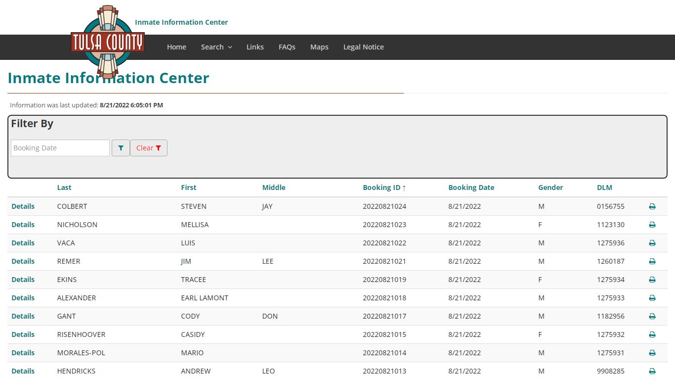 Booking Index - Inmate Information Center - Tulsa County, Oklahoma